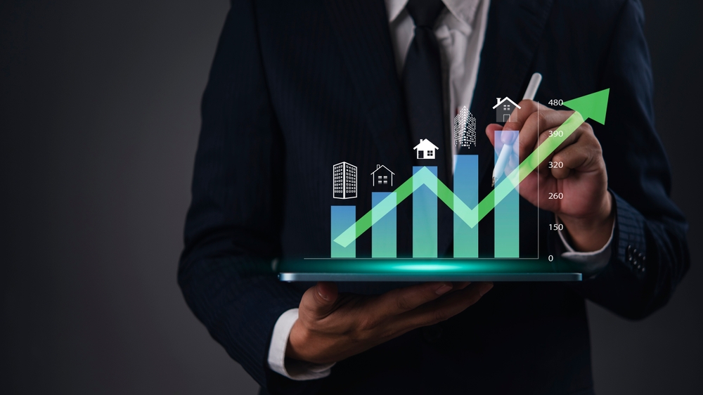 Real estate investor growth arrow on property market bar chart